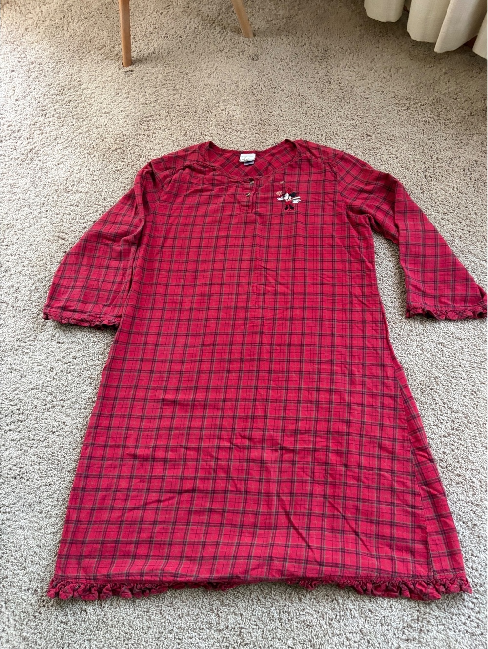 Disney Store red plaid flannel  henley holiday nightgown ruffle trim XL cotton